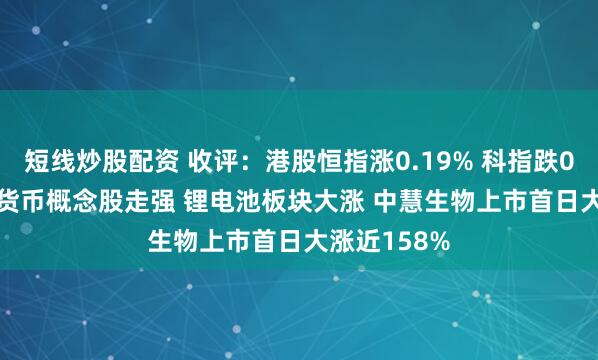 短线炒股配资 收评：港股恒指涨0.19% 科指跌0.01% 加密货币概念股走强 锂电池板块大涨 中慧生物上市首日大涨近158%